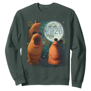 Funny Marcus The Worm New Year Sweatshirt Happy New Year 2026 Moon NYE Party TS11 Dark Forest Green Print Your Wear