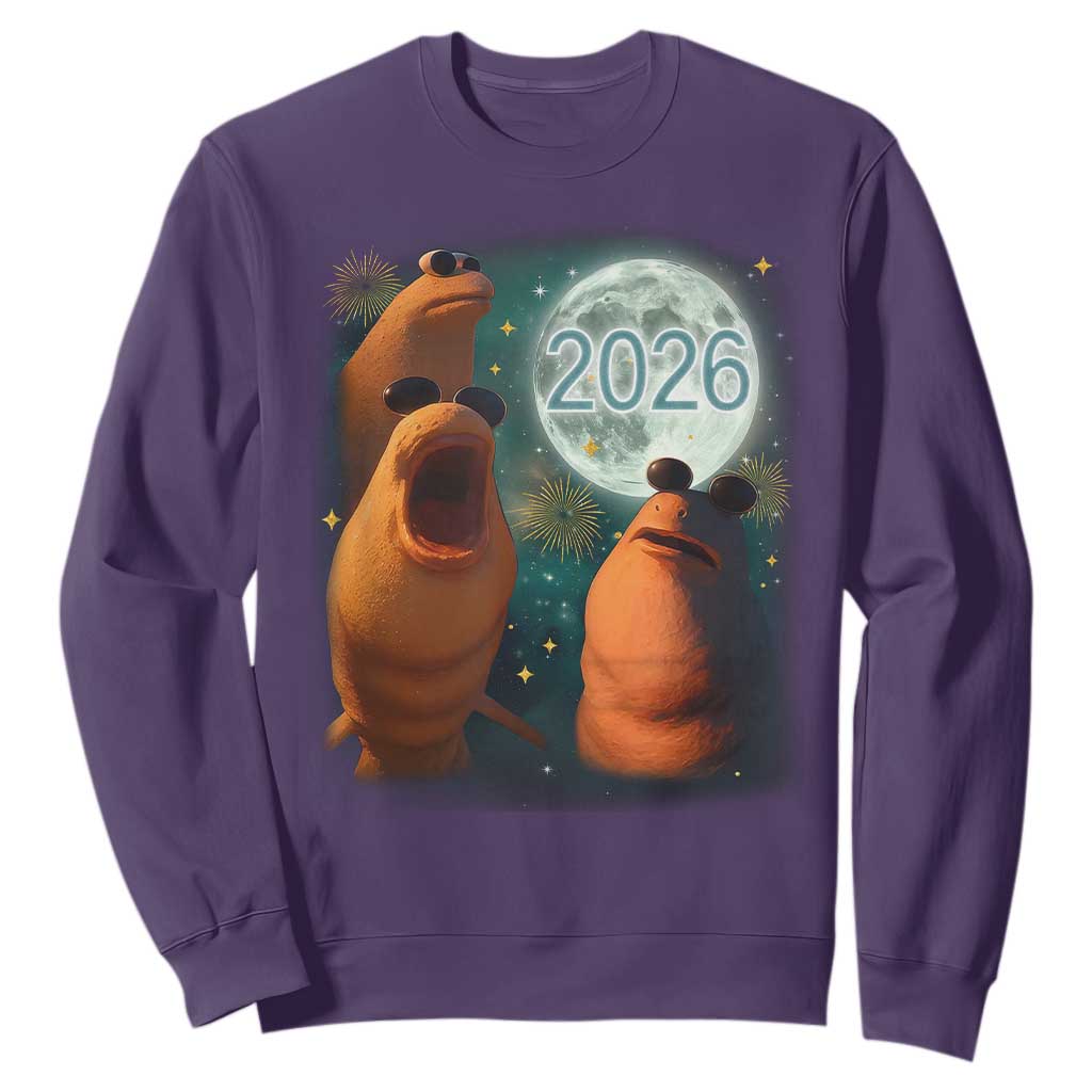 Funny Marcus The Worm New Year Sweatshirt Happy New Year 2026 Moon NYE Party TS11 Purple Print Your Wear