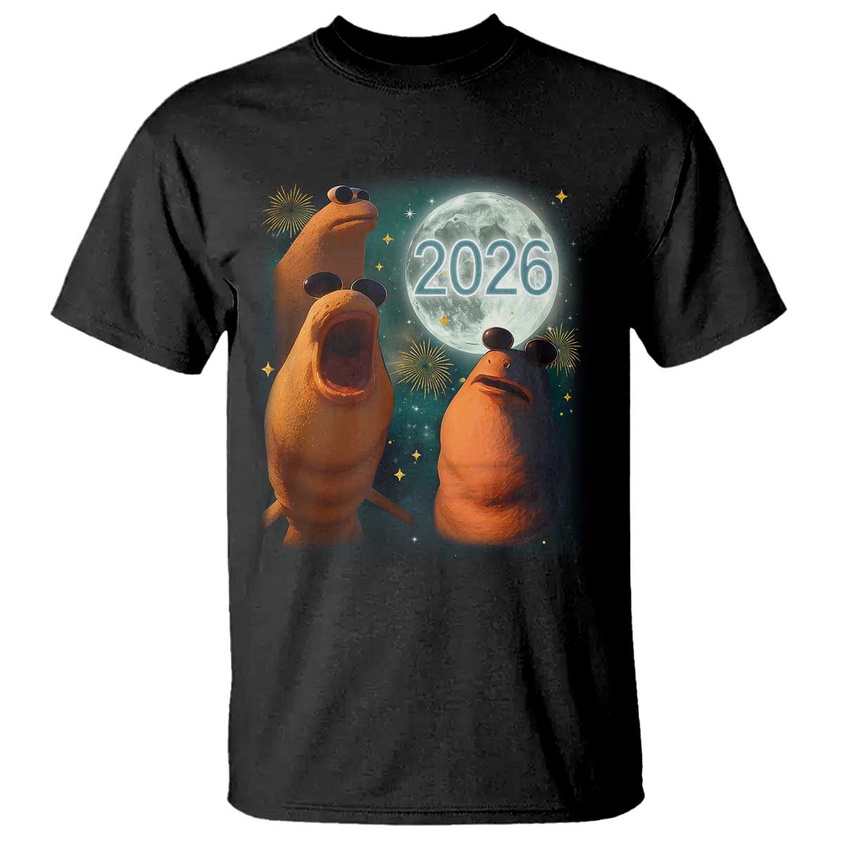 Funny Marcus The Worm New Year T Shirt Happy New Year 2026 Moon NYE Party TS11 Black Print Your Wear