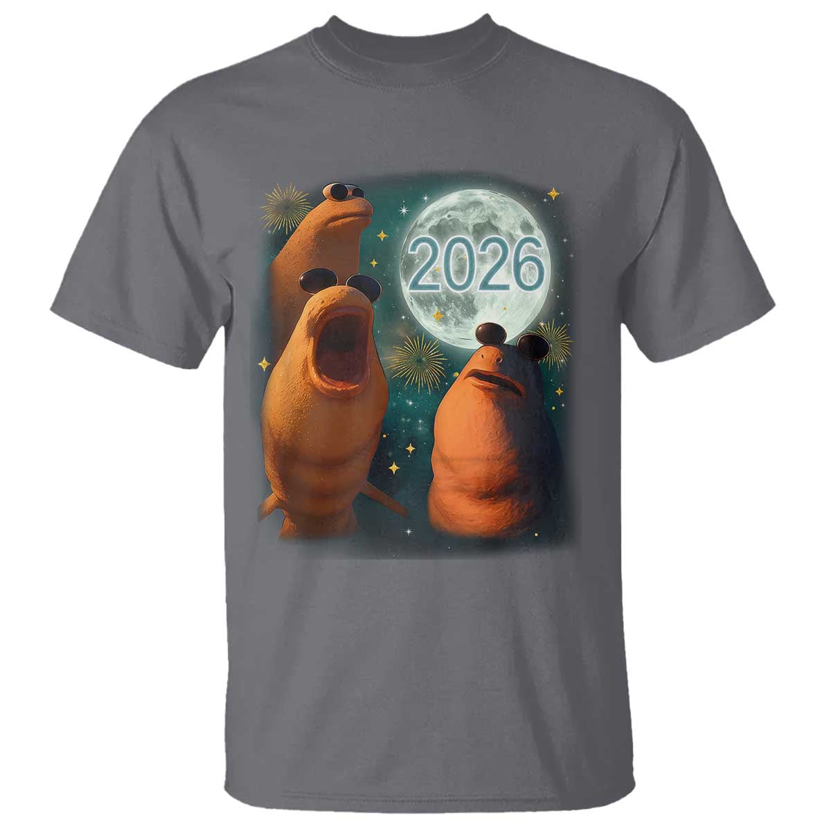Funny Marcus The Worm New Year T Shirt Happy New Year 2026 Moon NYE Party TS11 Charcoal Print Your Wear