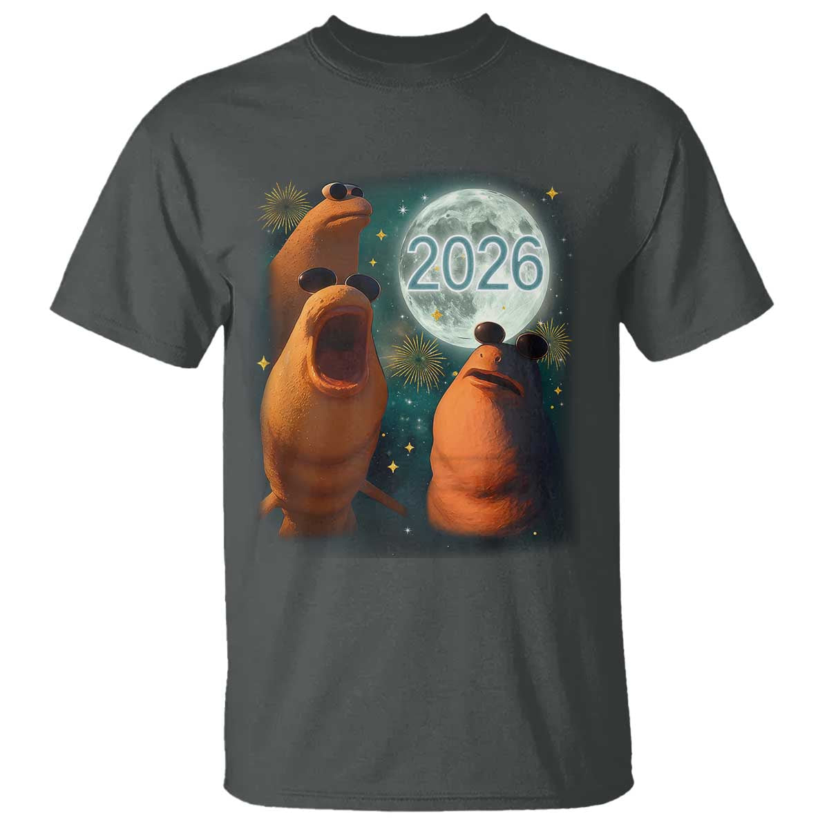 Funny Marcus The Worm New Year T Shirt Happy New Year 2026 Moon NYE Party TS11 Dark Heather Print Your Wear