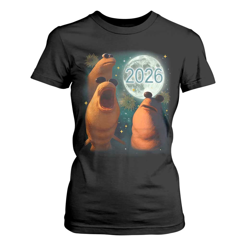 Funny Marcus The Worm New Year T Shirt For Women Happy New Year 2026 Moon NYE Party TS11 Black Print Your Wear