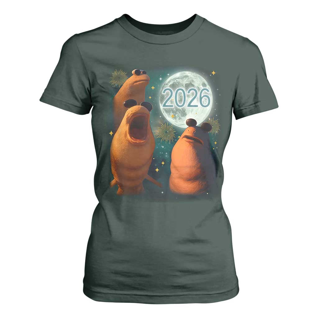 Funny Marcus The Worm New Year T Shirt For Women Happy New Year 2026 Moon NYE Party TS11 Dark Forest Green Print Your Wear