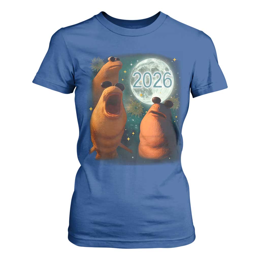 Funny Marcus The Worm New Year T Shirt For Women Happy New Year 2026 Moon NYE Party TS11 Royal Blue Print Your Wear