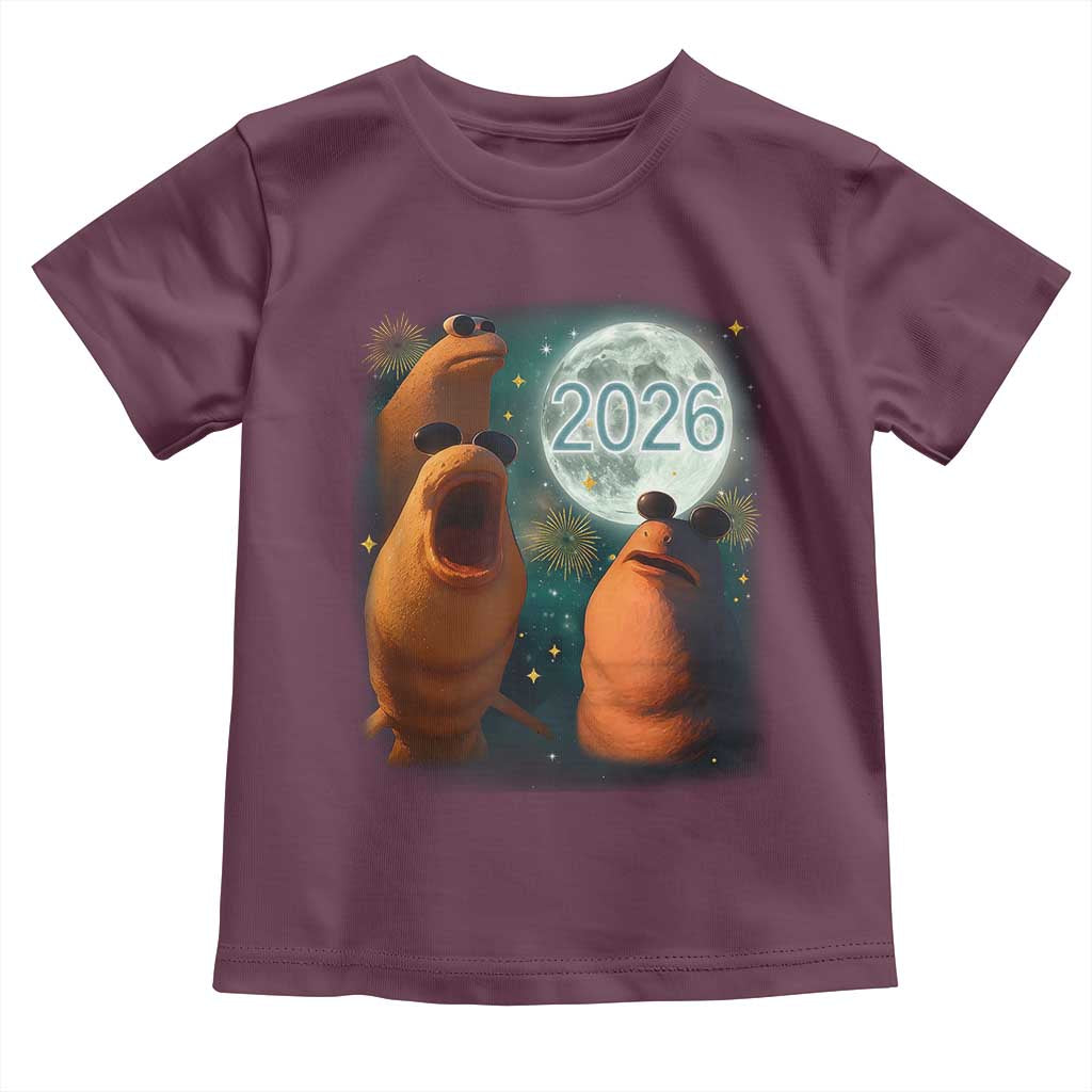 Funny Marcus The Worm New Year Toddler T Shirt Happy New Year 2026 Moon NYE Party TS11 Maroon Print Your Wear