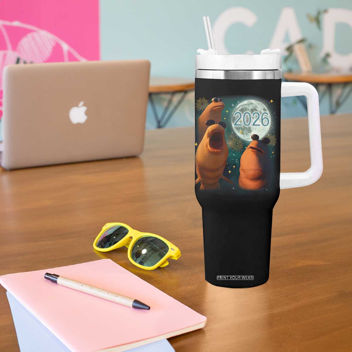Funny Marcus The Worm New Year Tumbler With Handle Happy New Year 2026 Moon NYE Party TS11 Print Your Wear