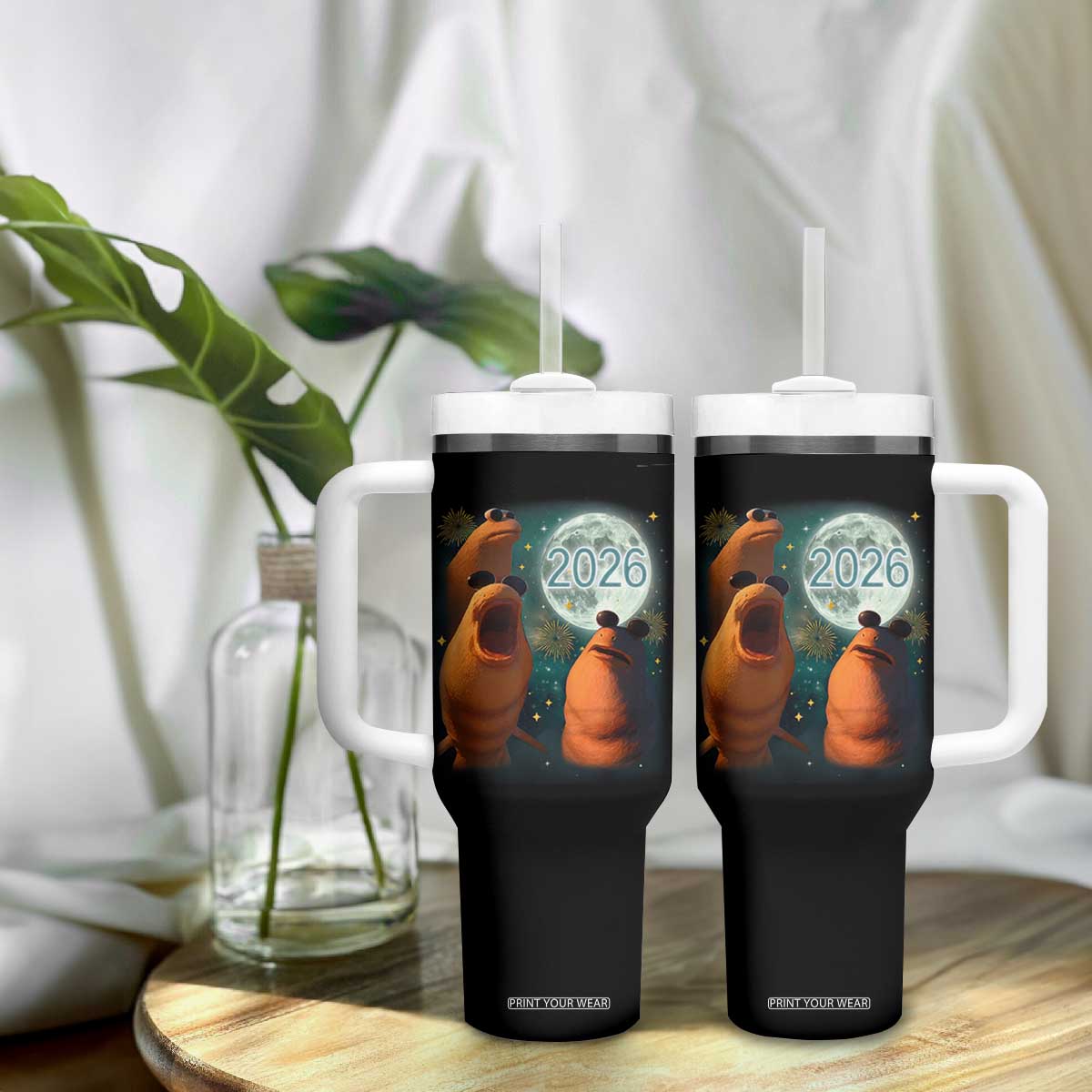 Funny Marcus The Worm New Year Tumbler With Handle Happy New Year 2026 Moon NYE Party TS11 Print Your Wear