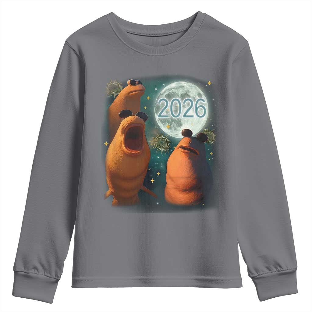Funny Marcus The Worm New Year Youth Sweatshirt Happy New Year 2026 Moon NYE Party TS11 Charcoal Print Your Wear