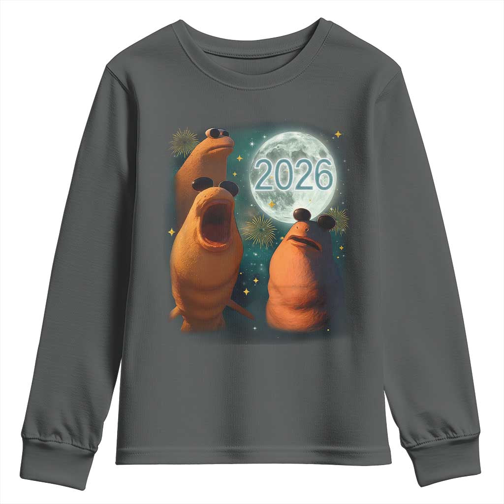 Funny Marcus The Worm New Year Youth Sweatshirt Happy New Year 2026 Moon NYE Party TS11 Dark Heather Print Your Wear
