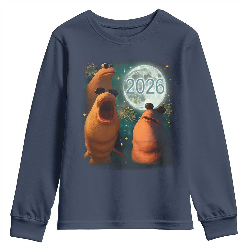 Funny Marcus The Worm New Year Youth Sweatshirt Happy New Year 2026 Moon NYE Party TS11 Navy Print Your Wear