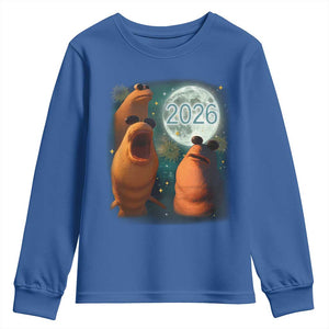 Funny Marcus The Worm New Year Youth Sweatshirt Happy New Year 2026 Moon NYE Party TS11 Royal Blue Print Your Wear