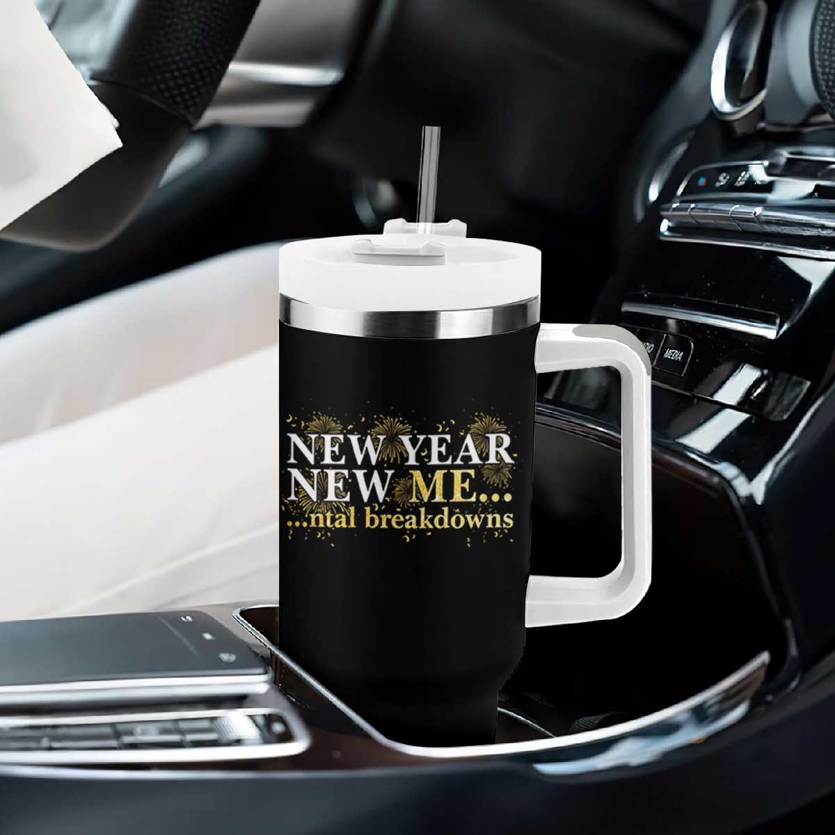 New Year New Me Mental Breakdowns Tumbler With Handle Funny New Year Party Fireworks TS11 Print Your Wear