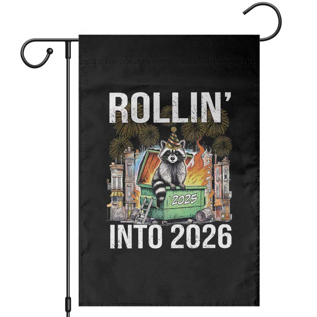 Funny Raccoon Rollin Into 2026 Garden Flag Happy New Year Dumpster Fire TS11 Black Print Your Wear