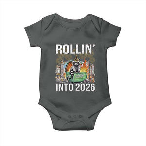 Funny Raccoon Rollin Into 2026 Baby Onesie Happy New Year Dumpster Fire TS11 Dark Heather Print Your Wear