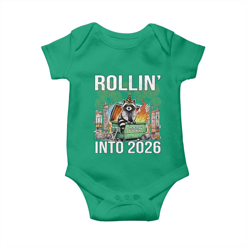 Funny Raccoon Rollin Into 2026 Baby Onesie Happy New Year Dumpster Fire TS11 Irish Green Print Your Wear