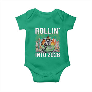 Funny Raccoon Rollin Into 2026 Baby Onesie Happy New Year Dumpster Fire TS11 Irish Green Print Your Wear