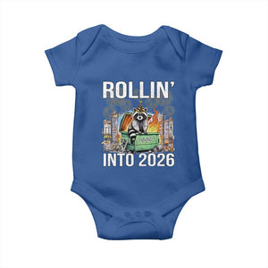 Funny Raccoon Rollin Into 2026 Baby Onesie Happy New Year Dumpster Fire TS11 Royal Blue Print Your Wear