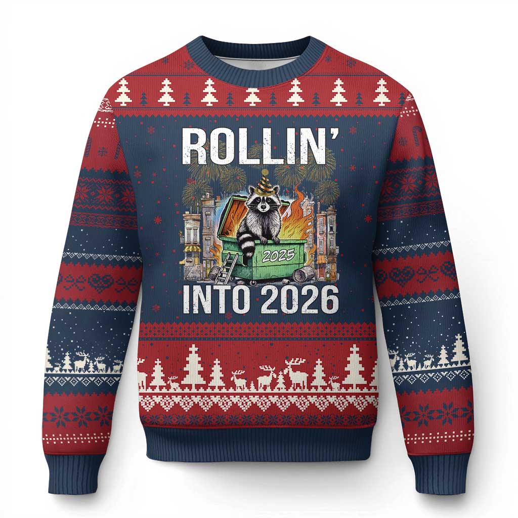 Funny Raccoon Rollin Into 2026 Ugly Christmas Sweater Happy New Year Dumpster Fire TS11 Navy Red Print Your Wear
