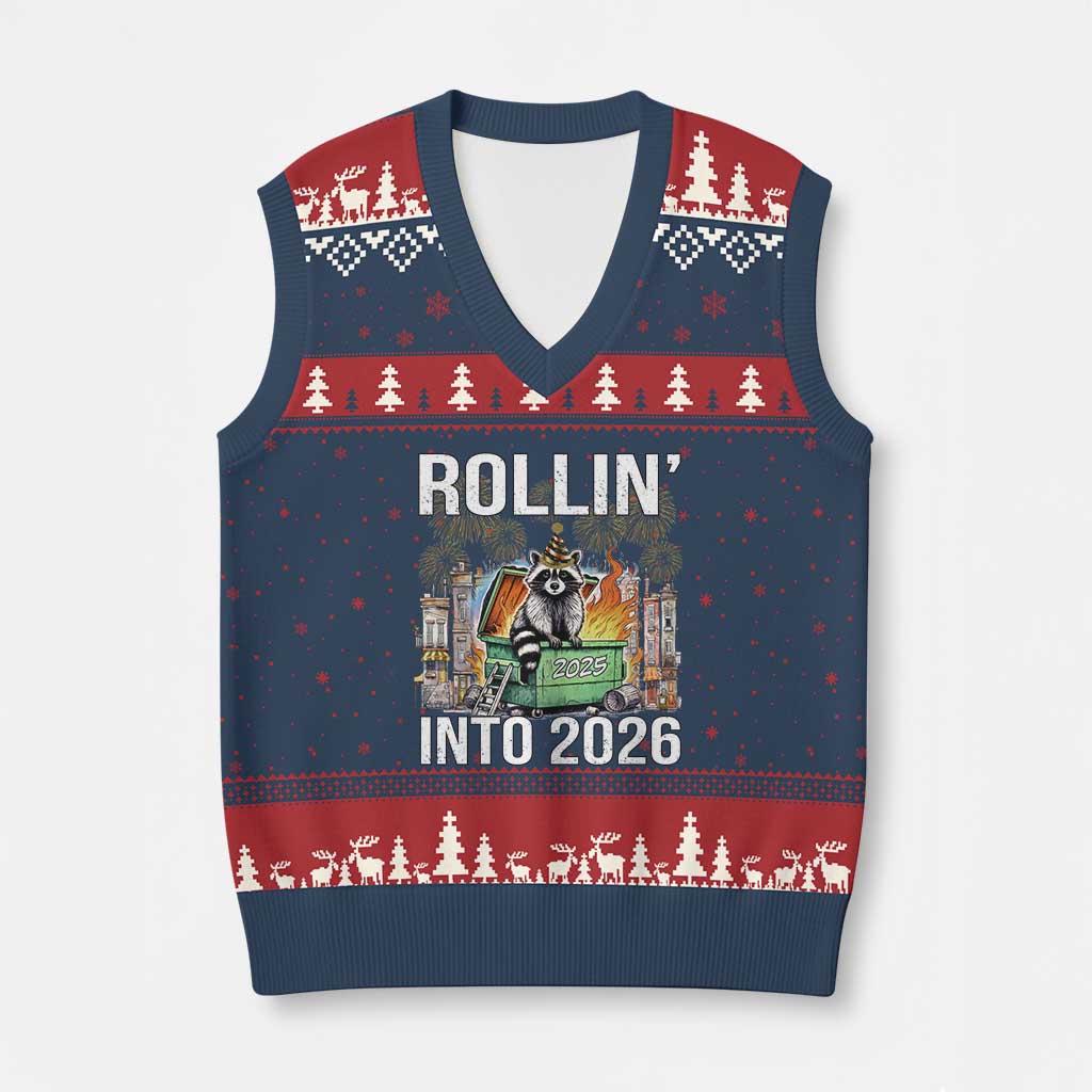 Funny Raccoon Rollin Into 2026 V-Neck Knit Sweater Vest Happy New Year Dumpster Fire TS11 Navy Red Print Your Wear