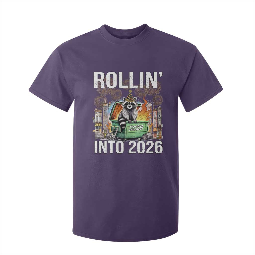 Funny Raccoon Rollin Into 2026 T Shirt For Kid Happy New Year Dumpster Fire TS11 Purple Print Your Wear