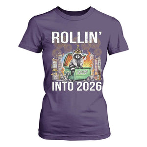 Funny Raccoon Rollin Into 2026 T Shirt For Women Happy New Year Dumpster Fire TS11 Purple Print Your Wear