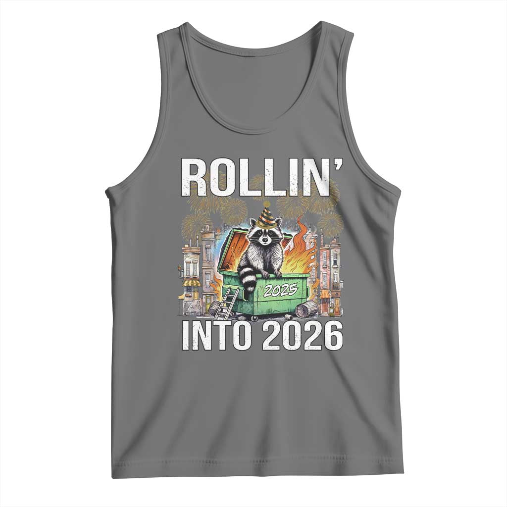 Funny Raccoon Rollin Into 2026 Tank Top Happy New Year Dumpster Fire TS11 Black Heather Print Your Wear