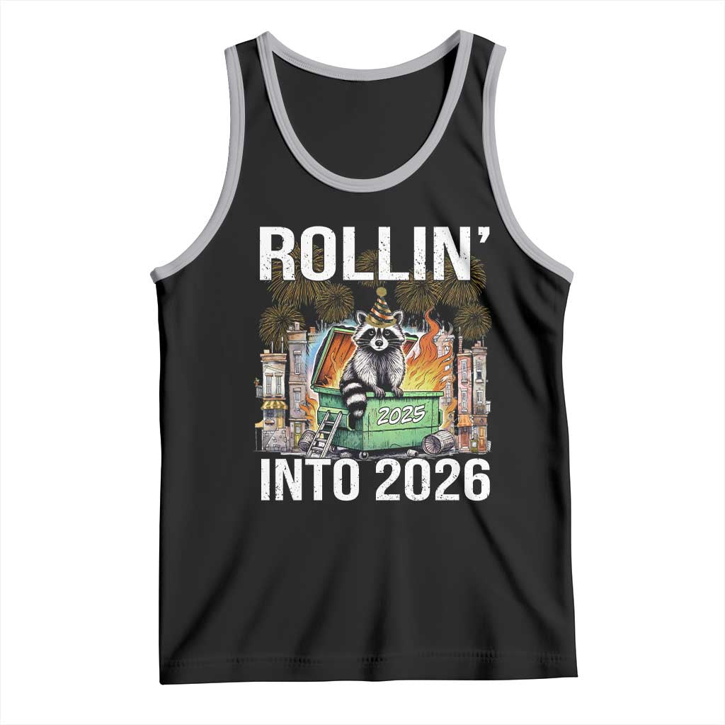 Funny Raccoon Rollin Into 2026 Tank Top Happy New Year Dumpster Fire TS11 Black Athletic Heather Print Your Wear