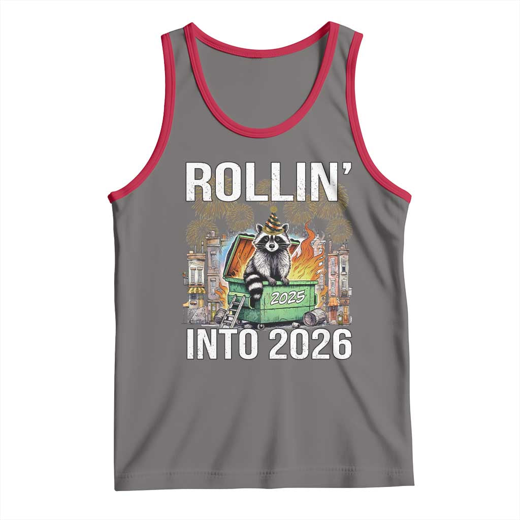 Funny Raccoon Rollin Into 2026 Tank Top Happy New Year Dumpster Fire TS11 Deep Heather Red Print Your Wear
