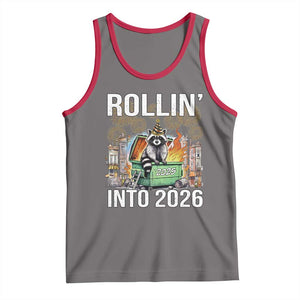 Funny Raccoon Rollin Into 2026 Tank Top Happy New Year Dumpster Fire TS11 Deep Heather Red Print Your Wear