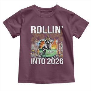 Funny Raccoon Rollin Into 2026 Toddler T Shirt Happy New Year Dumpster Fire TS11 Maroon Print Your Wear