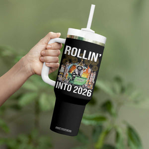 Funny Raccoon Rollin Into 2026 Tumbler With Handle Happy New Year Dumpster Fire TS11 Print Your Wear