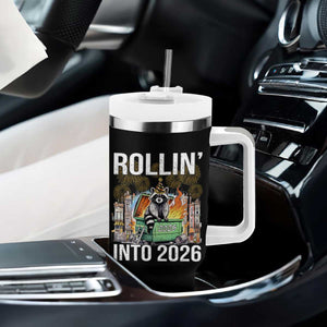 Funny Raccoon Rollin Into 2026 Tumbler With Handle Happy New Year Dumpster Fire TS11 Print Your Wear
