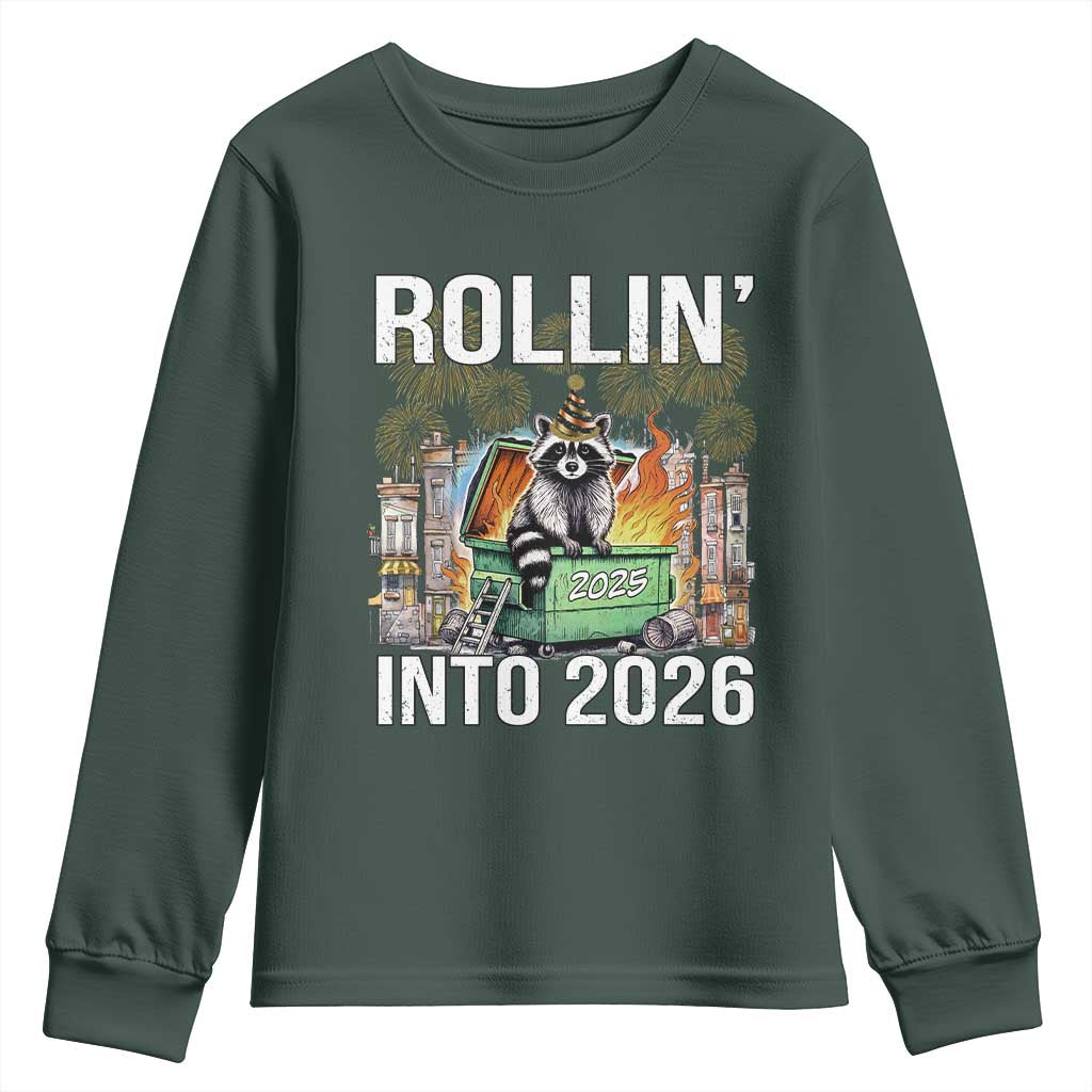 Funny Raccoon Rollin Into 2026 Youth Sweatshirt Happy New Year Dumpster Fire TS11 Dark Forest Green Print Your Wear
