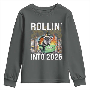 Funny Raccoon Rollin Into 2026 Youth Sweatshirt Happy New Year Dumpster Fire TS11 Dark Heather Print Your Wear