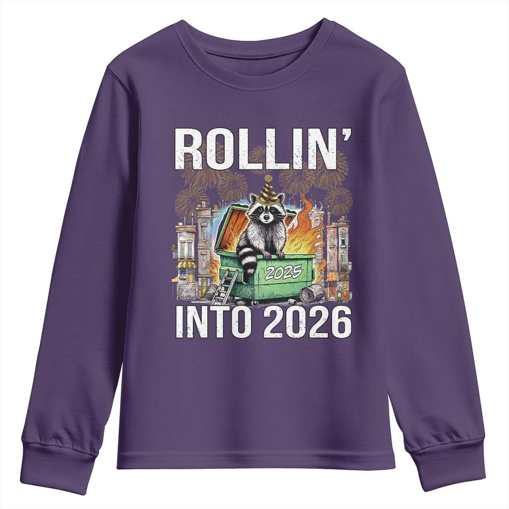 Funny Raccoon Rollin Into 2026 Youth Sweatshirt Happy New Year Dumpster Fire TS11 Purple Print Your Wear