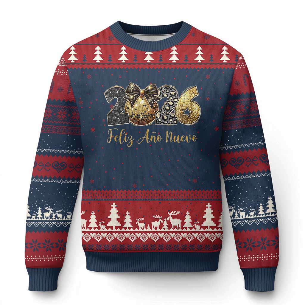 Spanish New Year 2026 Ugly Christmas Sweater Feliz Ano Nuevo NYE Party Disco Ball TS11 Navy Red Print Your Wear