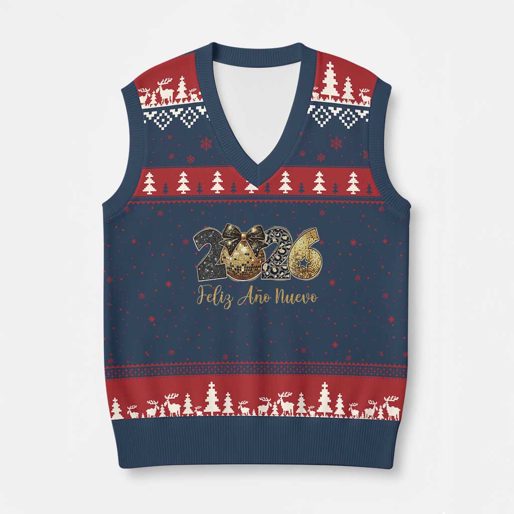 Spanish New Year 2026 V-Neck Knit Sweater Vest Feliz Ano Nuevo NYE Party Disco Ball TS11 Navy Red Print Your Wear