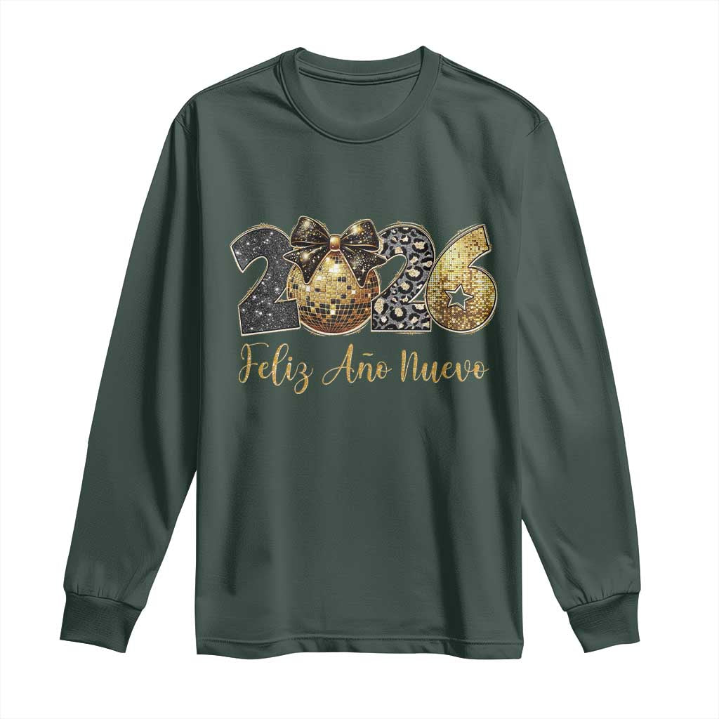Spanish New Year 2026 Long Sleeve Shirt Feliz Ano Nuevo NYE Party Disco Ball TS11 Dark Forest Green Print Your Wear