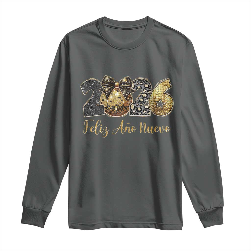Spanish New Year 2026 Long Sleeve Shirt Feliz Ano Nuevo NYE Party Disco Ball TS11 Dark Heather Print Your Wear