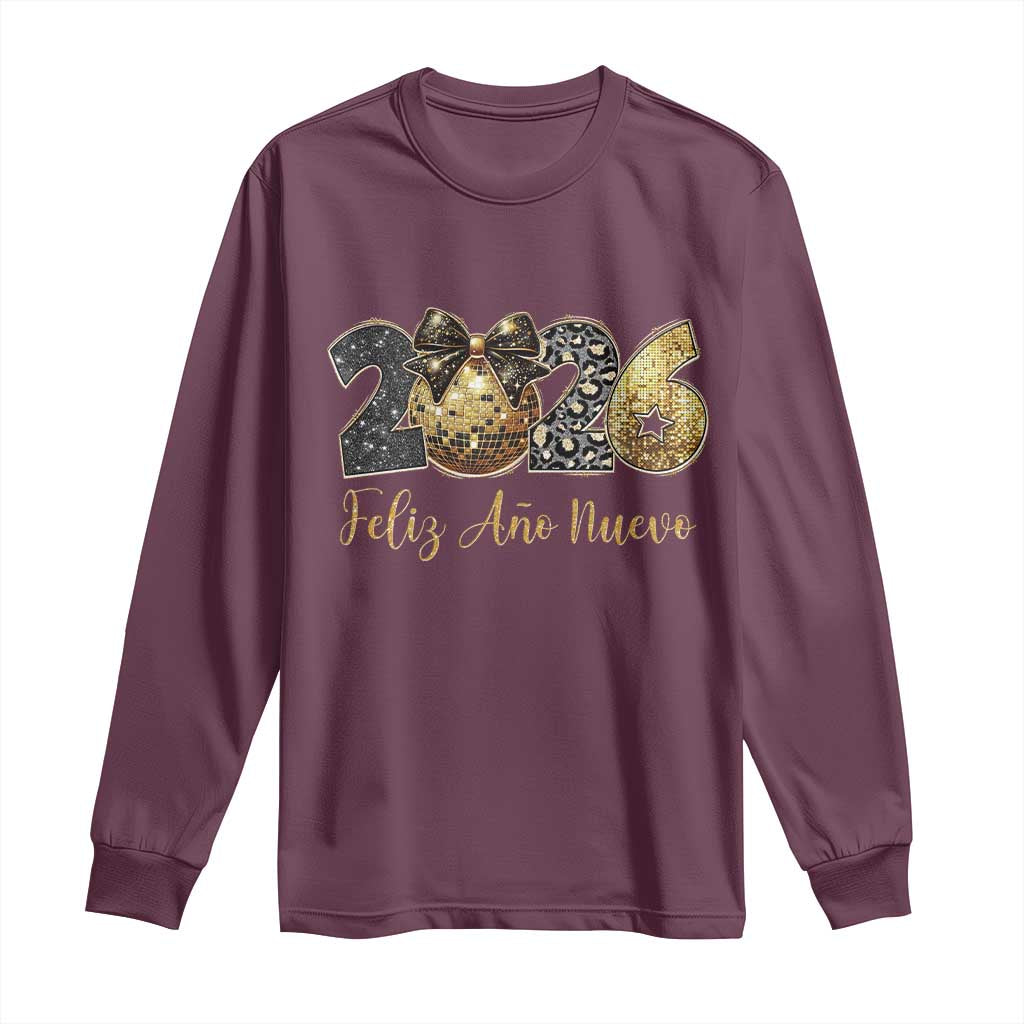 Spanish New Year 2026 Long Sleeve Shirt Feliz Ano Nuevo NYE Party Disco Ball TS11 Maroon Print Your Wear