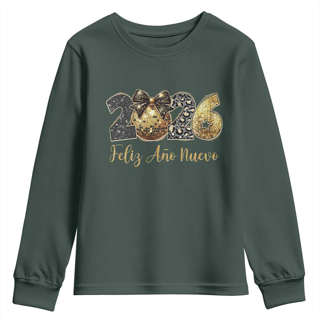 Spanish New Year 2026 Youth Sweatshirt Feliz Ano Nuevo NYE Party Disco Ball TS11 Dark Forest Green Print Your Wear