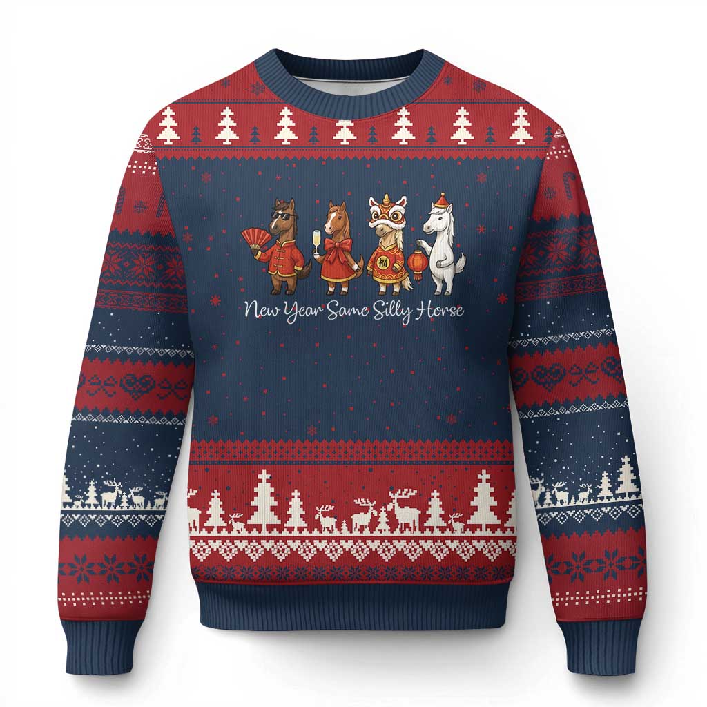 Funny Chinese New Year 2026 Ugly Christmas Sweater New Year Same Silly Horse TS11 Navy Red Print Your Wear