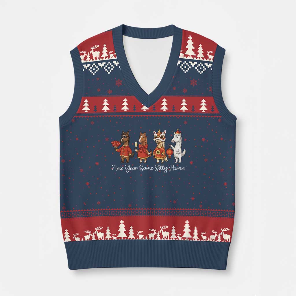 Funny Chinese New Year 2026 V-Neck Knit Sweater Vest New Year Same Silly Horse TS11 Navy Red Print Your Wear