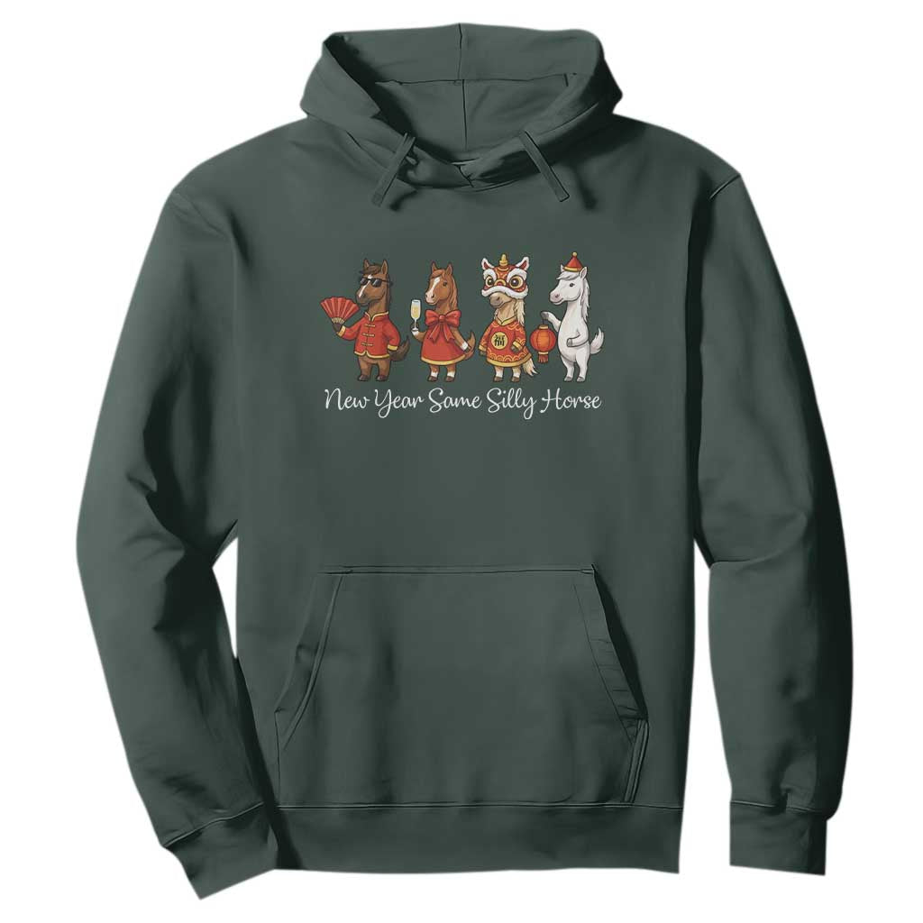 Funny Chinese New Year 2026 Hoodie New Year Same Silly Horse TS11 Dark Forest Green Print Your Wear