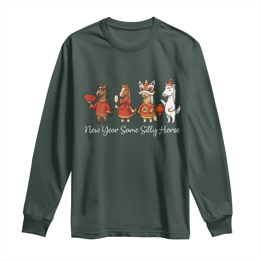 Funny Chinese New Year 2026 Long Sleeve Shirt New Year Same Silly Horse TS11 Dark Forest Green Print Your Wear