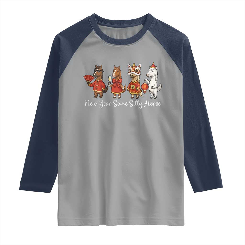 Funny Chinese New Year 2026 Raglan Shirt New Year Same Silly Horse TS11 Sport Gray Navy Print Your Wear