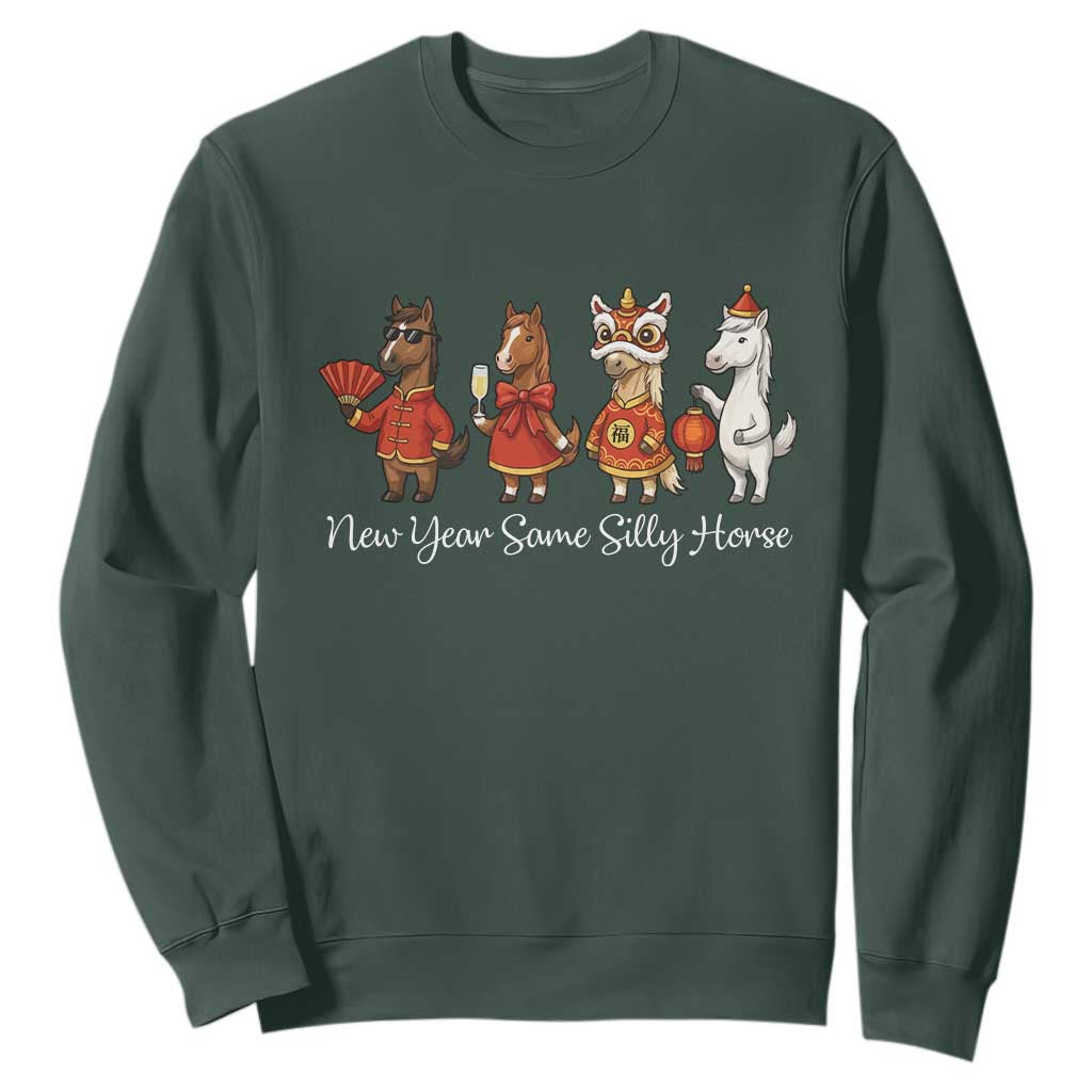 Funny Chinese New Year 2026 Sweatshirt New Year Same Silly Horse TS11 Dark Forest Green Print Your Wear