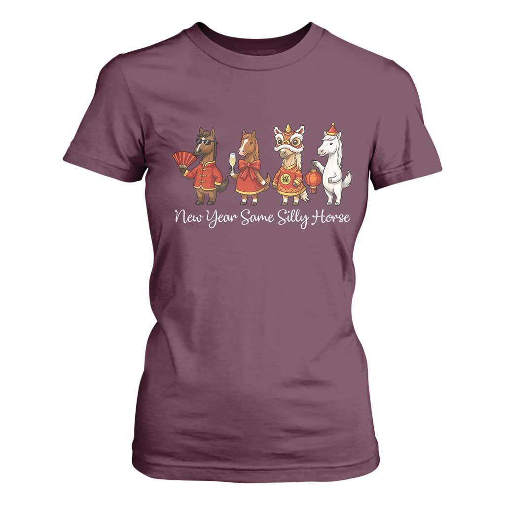 Funny Chinese New Year 2026 T Shirt For Women New Year Same Silly Horse TS11 Maroon Print Your Wear