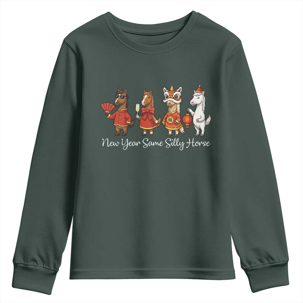 Funny Chinese New Year 2026 Youth Sweatshirt New Year Same Silly Horse TS11 Dark Forest Green Print Your Wear