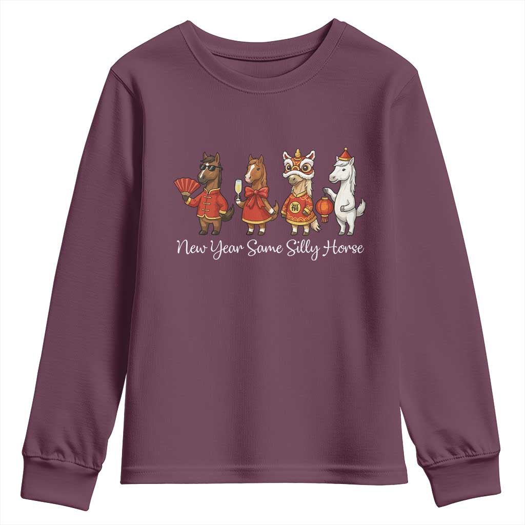 Funny Chinese New Year 2026 Youth Sweatshirt New Year Same Silly Horse TS11 Maroon Print Your Wear